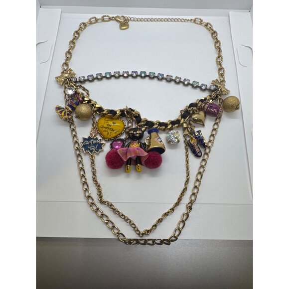 Betsey Johnson Cheerleader Charm Necklace Statement Multi Strand Pom Pom Gift - Picture 7 of 9